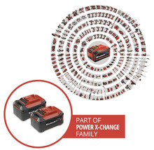 Dva akumulátory Einhell Power X-Change a výběr kompatibilního nářadí a zahradní techniky ze systému Power X-Change.
