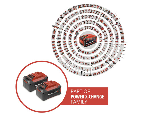 Dva akumulátory Einhell Power X-Change a výběr kompatibilního nářadí a zahradní techniky ze systému Power X-Change.