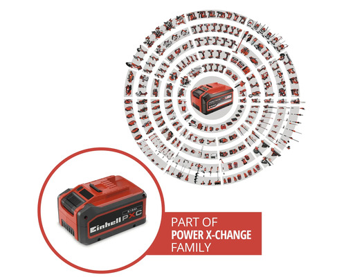 Akumulátor Einhell Power X-Change jako součást rozsáhlého systému s mnoha kompatibilními nástroji a zahradní technikou.