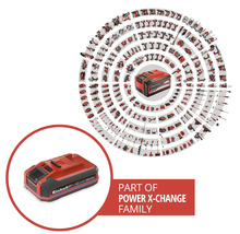 Akumulátor Einhell s nápisem Einhell Power X-Change obklopený mnoha kompatibilními nářadími a zahradní technikou