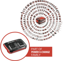 Dvojitá nabíječka Einhell Power X-Change s přehledem mnoha kompatibilních nástrojů akumulátorového systému.