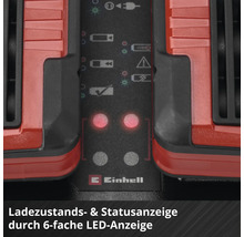 Einhell Logo a detail LED indikátoru stavu nabití a stavu zařízení na nabíječce akumulátorů.