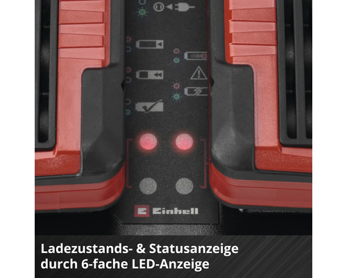 Einhell Logo a detail LED indikátoru stavu nabití a stavu zařízení na nabíječce akumulátorů.