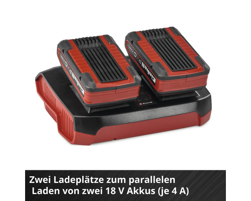 Dvojitá nabíječka Einhell Power X-Change se dvěma vloženými 18voltovými akumulátory pro paralelní nabíjení s proudem 4 ampéry na každý akumulátor.