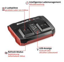 Dvojitá nabíječka Einhell Power X-Change se dvěma sloty, LED indikací, režimem obnovy a inteligentním řízením nabíjení.