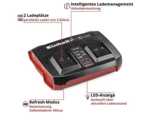 Dvojitá nabíječka Einhell Power X-Change se dvěma sloty, LED indikací, režimem obnovy a inteligentním řízením nabíjení.