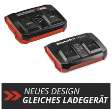 Dvě nabíječky Einhell Power X-Twincharger vedle sebe pro srovnání starého a nového designu.