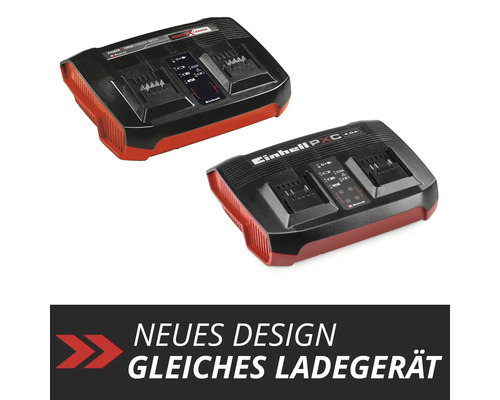 Dvě nabíječky Einhell Power X-Twincharger vedle sebe pro srovnání starého a nového designu.