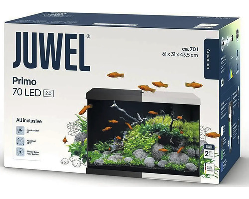 Akvarijní set Juwel Primo 70 LED o objemu přibližně 70 litrů, rozměry 61 na 31 na 43,5 centimetrů.