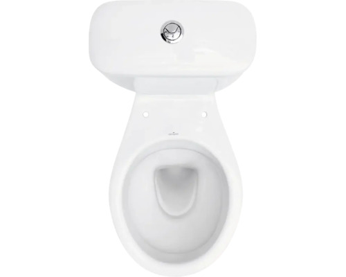 Pohled shora na bílé stojící keramické WC s nádržkou a chromovaným splachovacím tlačítkem.