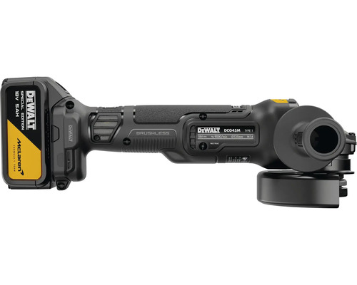 Akumulátorová úhlová bruska DeWalt DCG45M s bezuhlíkovým motorem, přídavnou rukojetí a 18voltovým akumulátorem ze speciální edice McLaren.