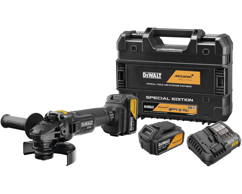 Sada akumulátorové úhlové brusky DeWalt McLaren Special Edition se dvěma akumulátory, nabíječkou a kufrem.