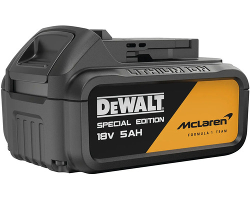 Lithium-iontový akumulátor DeWalt ve speciální edici McLaren s napětím 18 Voltů a kapacitou 5 Ampérhodin.
