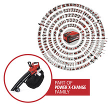 Přehled akumulátorového systému Einhell Power X-Change s kompatibilním nářadím a zahradní technikou včetně vysavače na listí.