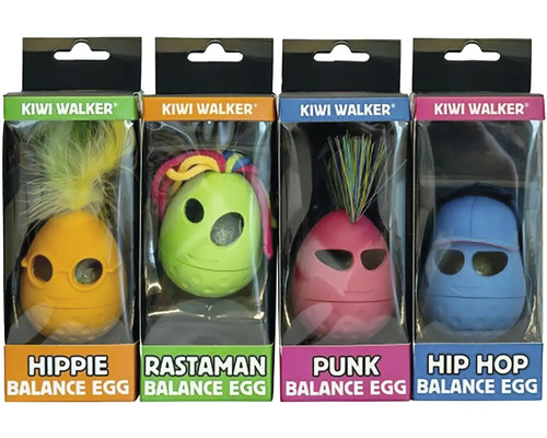 Čtyři hračky pro kočky Kiwi Walker Balance Egg v různých provedeních s peřím, vlasy a klobouky v původním balení.