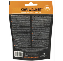 Zadní strana obalu kolagenových pamlsků pro psy Kiwi Walker se složením, návodem ke krmení a čárovým kódem.