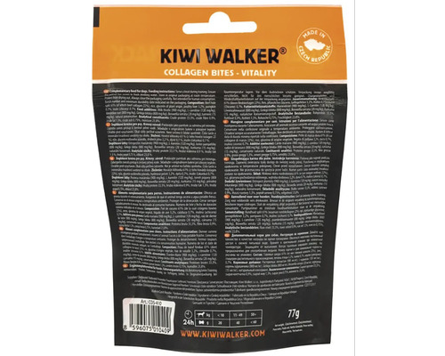 Zadní strana obalu kolagenových pamlsků pro psy Kiwi Walker se složením, návodem ke krmení a čárovým kódem.