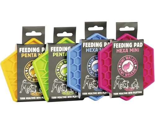 Čtyři olizovací podložky Kiwi Walker Feeding Pad v různých tvarech a barvách v originálním balení pro psy a kočky.