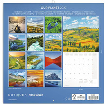 Nástěnný kalendář Our Planet 2027 s fotografiemi přírody a kalendáriem, rozměr 30 krát 60 centimetrů, udržitelný papír s certifikací FSC.