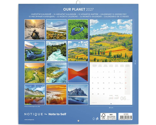 Nástěnný kalendář Our Planet 2027 s fotografiemi přírody a kalendáriem, rozměr 30 krát 60 centimetrů, udržitelný papír s certifikací FSC.