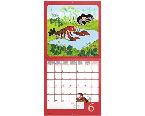 Nástěnný kalendář s motivem Krtečka na červen 2027 s ilustracemi Krtečka a raka v přírodní krajině.