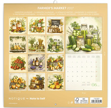Nástěnný kalendář Farmers Market 2027 s dvanácti ilustracemi potravin ve sklenicích a koších, papír s certifikací FSC.