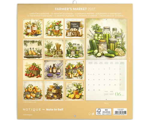 Nástěnný kalendář Farmers Market 2027 s dvanácti ilustracemi potravin ve sklenicích a koších, papír s certifikací FSC.