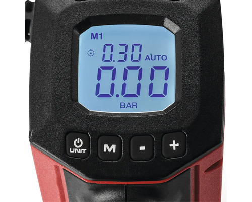 Digitální měřič tlaku v pneumatikách s LCD displejem a ovládacími tlačítky pro měření tlaku vzduchu