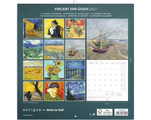 Nástěnný kalendář 2027 Vincent van Gogh na 16 měsíců, rozměry 30 krát 60 centimetrů, umělecký kalendář s obrazy Vincenta van Gogha.
