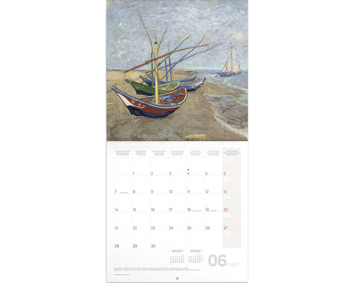 Nástěnný kalendář s listem na červen 2027 a uměleckým motivem Vincenta van Gogha zobrazujícím rybářské čluny na pláži Saintes Maries de la Mer.