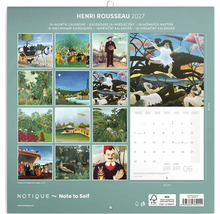 Nástěnný kalendář 2027 Henri Rousseau s uměleckými díly, 16 měsíců, formát 30 krát 60 centimetrů, udržitelný papír FSC, plánovač Notique.
