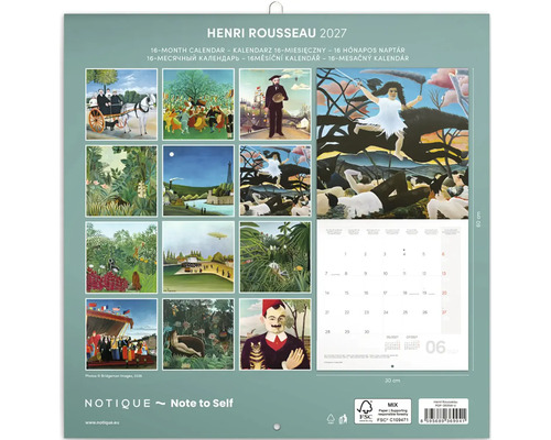 Nástěnný kalendář 2027 Henri Rousseau s uměleckými díly, 16 měsíců, formát 30 krát 60 centimetrů, udržitelný papír FSC, plánovač Notique.