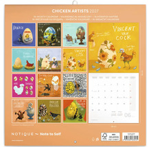 Nástěnný kalendář Chicken Artists 2027 s humornými ilustracemi kuřat v dějinách umění.