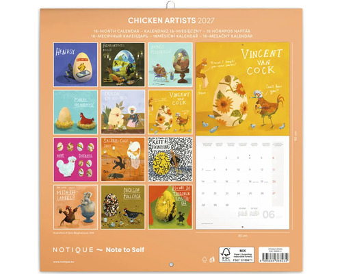 Nástěnný kalendář Chicken Artists 2027 s humornými ilustracemi kuřat v dějinách umění.