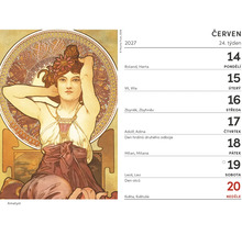 List nastenneho kalendare na cerven s ilustraci od Alfonse Muchy a ceskym kalendariem