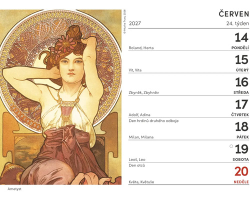 List nastenneho kalendare na cerven s ilustraci od Alfonse Muchy a ceskym kalendariem