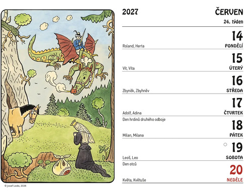 Nástěnný kalendář 2027 s ilustrací Josefa Lady pro červnový týden s drakobijcem a modlící se ženou