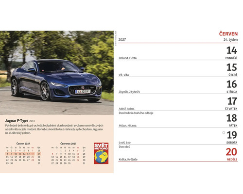 Nástěnný kalendář 2027 s vozem Jaguar F-Type na listu pro měsíc červen.