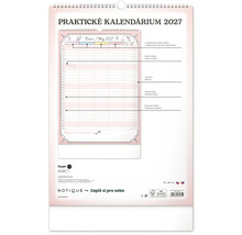 Rodinný nástěnný kalendář Hello Kitty na rok 2027 se čtyřmi sloupci, svátky, jmeninami a certifikací FSC.