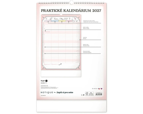 Rodinný nástěnný kalendář Hello Kitty na rok 2027 se čtyřmi sloupci, svátky, jmeninami a certifikací FSC.