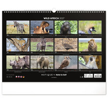 Nástěnný kalendář 2027 Wild Africa o rozměrech 48 krát 33 centimetrů s dvanácti fotografiemi afrických divokých zvířat a kroužkovou vazbou.