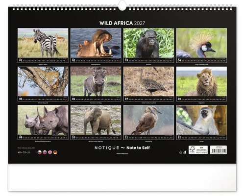 Nástěnný kalendář 2027 Wild Africa o rozměrech 48 krát 33 centimetrů s dvanácti fotografiemi afrických divokých zvířat a kroužkovou vazbou.