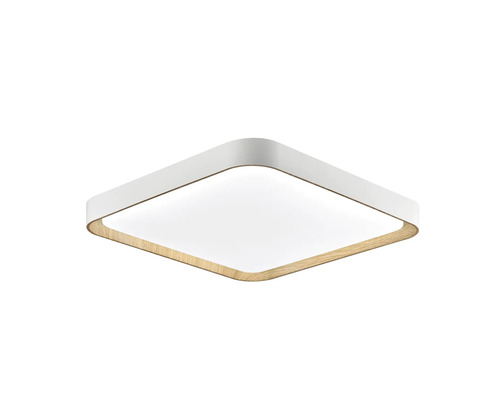 Čtvercové stropní LED svítidlo s dřevěným rámem a plochou světelnou plochou pro moderní osvětlení interiéru.