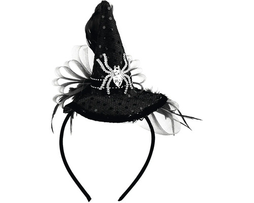 Halloweenska celenka s mini carodejnickym kloboukem s motivem pavouka a perim