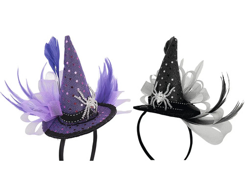 Dva čelenkové klobouky čarodějnice na Halloween s pavoučí ozdobou a peřím