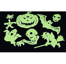 Sada svítících halloweenských samolepek na zeď s motivy dýně, ducha, netopýra a kostlivce pro dekorativní účely.