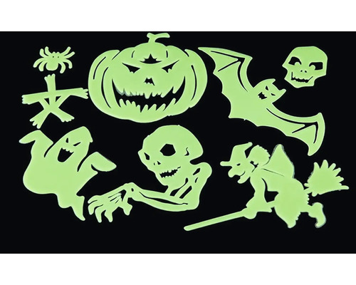 Sada svítících halloweenských samolepek na zeď s motivy dýně, ducha, netopýra a kostlivce pro dekorativní účely.