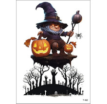 Halloweenská okenní nálepka s postavičkou trpaslíka, dýněmi a hřbitovní scénou pro podzimní dekoraci.