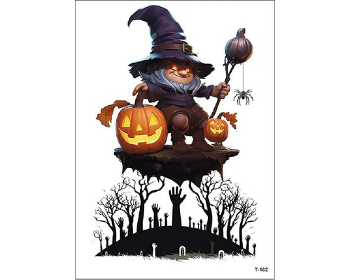 Halloweenská okenní nálepka s postavičkou trpaslíka, dýněmi a hřbitovní scénou pro podzimní dekoraci.