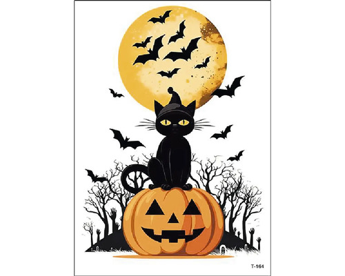 Halloweenská okenní dekorace s černou kočkou na dýni před úplňkem s létajícími netopýry a holými stromy